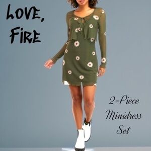 LOVE, FIRE Jr’s 2-Piece Olive Green Daisy Print A-Line Mesh Dress w/Cardigan-NWT